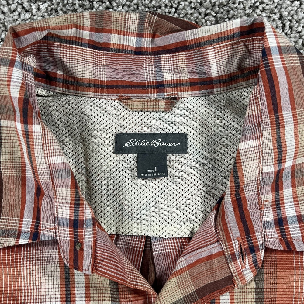 Eddie Bauer Mens Large Orange Plaid Short Sleeve Button Down Hiking Shirt - Picture 2 of 7